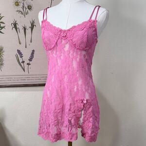 Vintage 90s Y2k Sheer Pink Lace Lingerie Slip Dress Coquette Romantic Sexy M